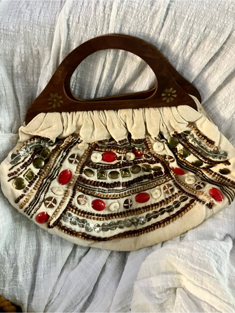 Boho Embellished Cream Fabric Tote with Wooden Handles